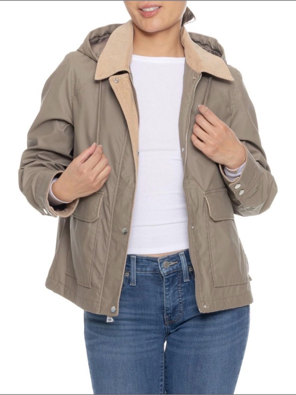 NEW Sanctuary Corduroy Collar Hooded Twill Barn Coat – Insulated, in Taupe Sz L